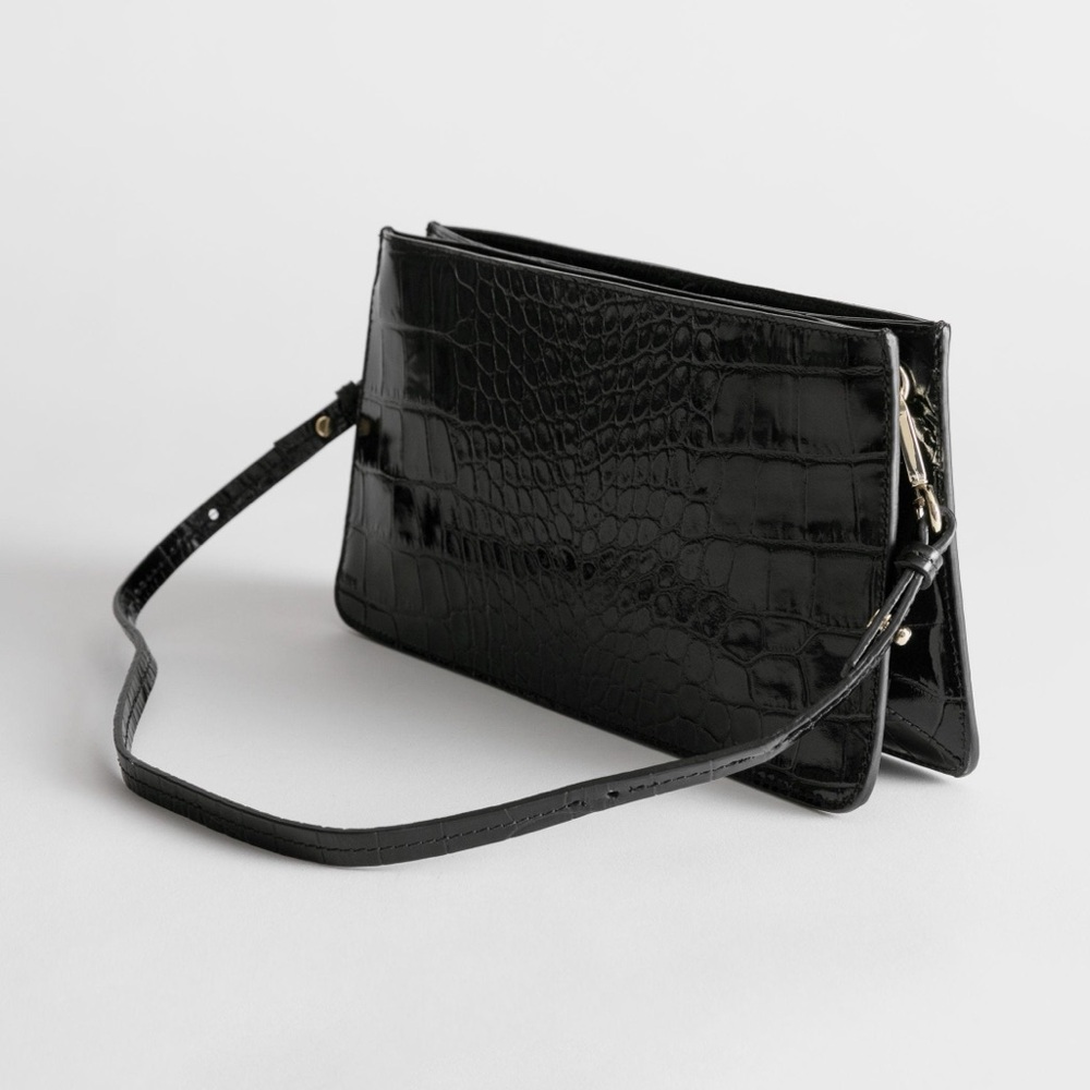 & Other Stories Black Croc-Embossed Leather Clutch